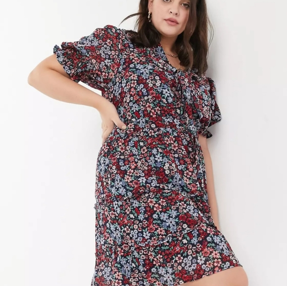 ASOS Wednesday's Girl Curve Mini Smock Dress Tie Collar Wallpaper Floral - Picture 4 of 7